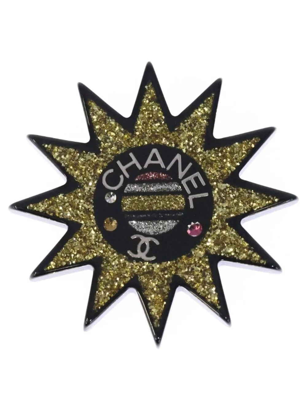 Chanel Sun Motif Rhinestone Brooch Pin Badge Black Yellow Resin Strass